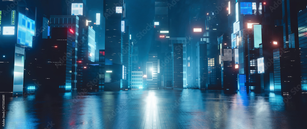 3D Rendering of billboards and advertisement signs at modern buildings in capital city with light reflection from puddles on street. Concept for night life, never sleep business district center (CBD) - obrazy, fototapety, plakaty 