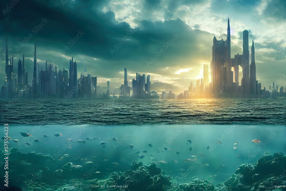 atlantis rising ocean huge hitech city futuristic illustration art with Generated AI
