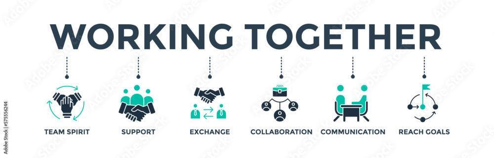 Working together banner web icon vector illustration concept for business and team management with an icon set of collaboration, team spirit, exchange, support, communication, and reach goals Working together banner web icon vector illustration concept for business and team management with an icon set of collaboration, team spirit, exchange, support, communication, and reach goals