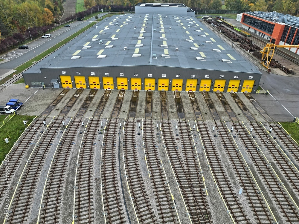 Warsaw metro technical hall and a lot of tracks, top down aerial photography