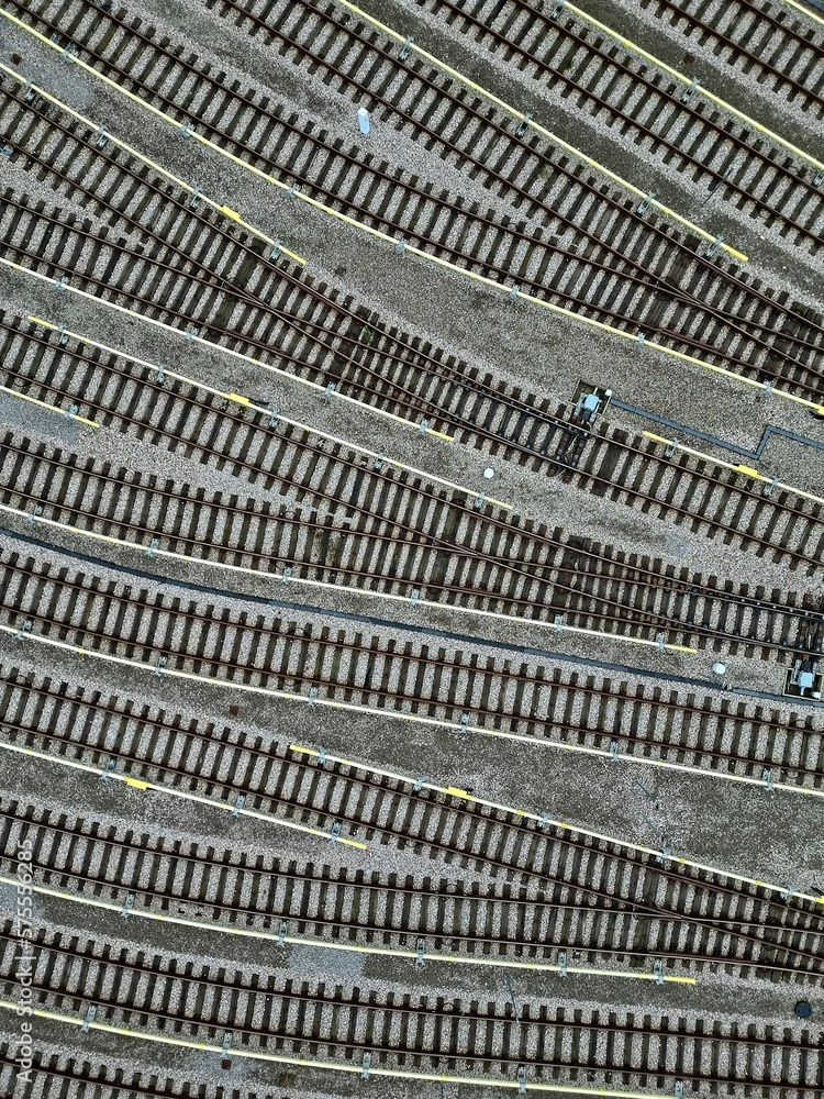 Warsaw metro technical hall and a lot of tracks, top down aerial photography