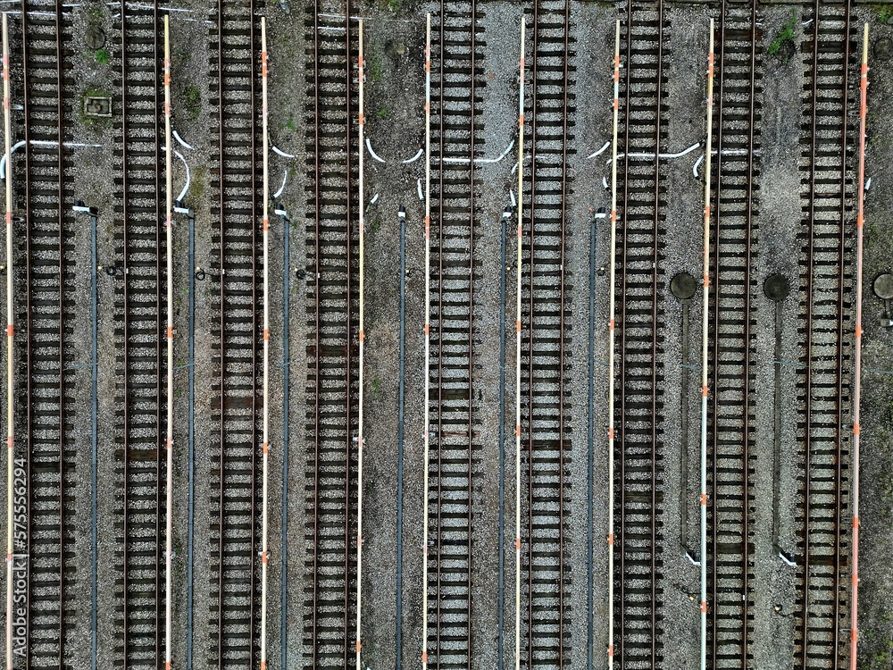Warsaw metro technical hall and a lot of tracks, top down aerial photography