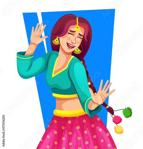 Indian happy young girl enjoying Holi function dance party isolate on white background. Girl wearing ethnic Indian cloth Lehenga Choli. Character design for use in banner, poster, sticker, promotional