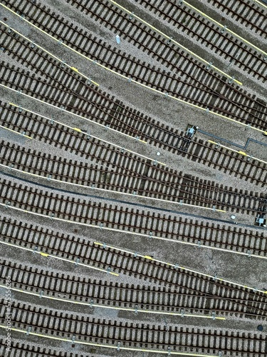 Obraz na płótnie Warsaw metro technical hall and a lot of tracks, top down aerial photography w salonie