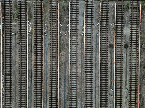 Obraz na płótnie Warsaw metro technical hall and a lot of tracks, top down aerial photography w salonie