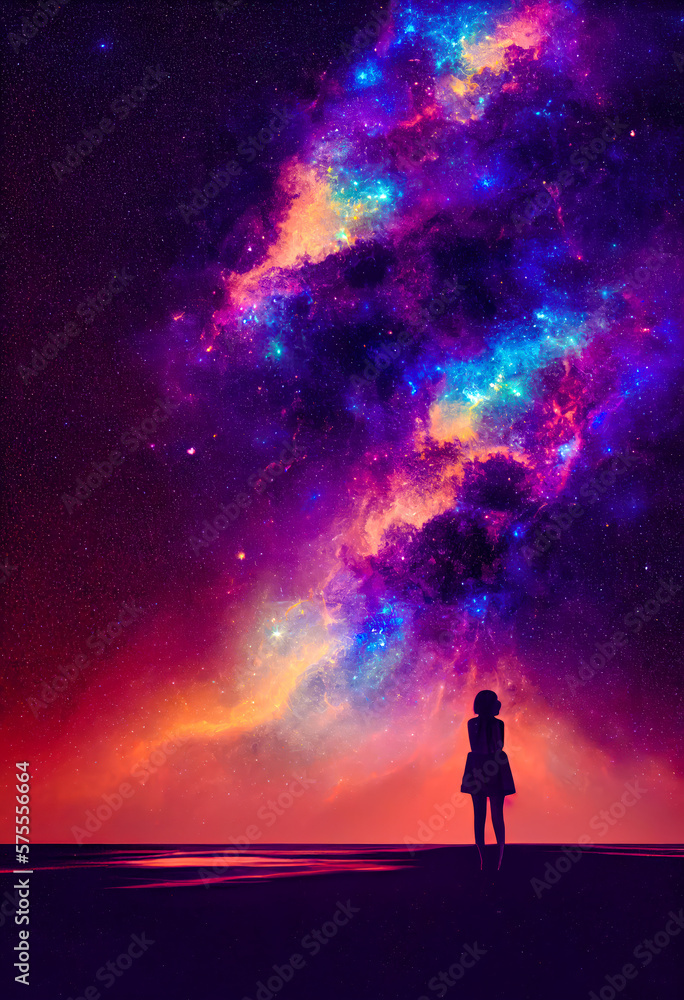 silhouette of a woman standing on a beach colorful galaxy sky illustration art with Generated AI 