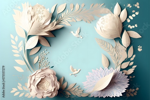 Blue-colored wedding invitation card background design template with a floral frame/border © Tarun