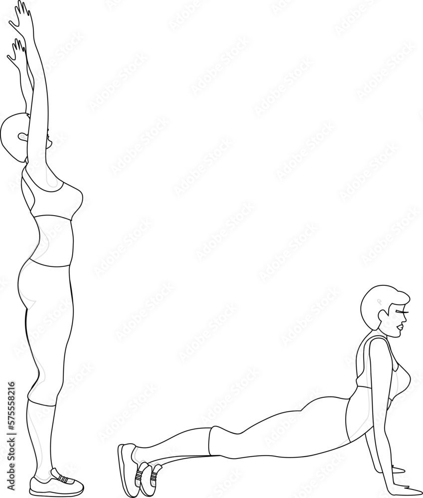 The girl does sports exercises. Exercise lying on outstretched arms. Cartoon.  Black outline