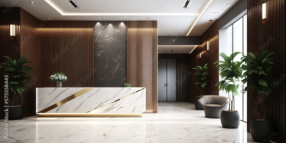 Luxury and contemporary lobby area interior design with reception counter - obrazy, fototapety, plakaty 
