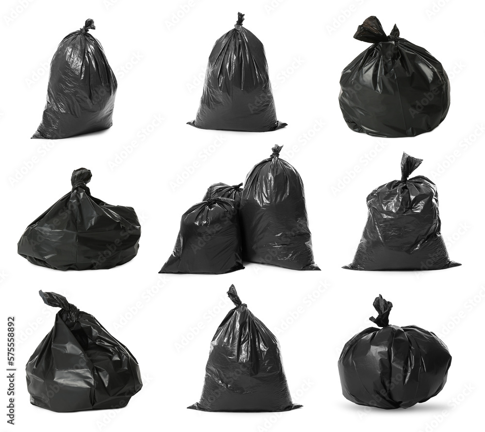 Set with black trash bags full of garbage on white background Set with black trash bags full of garbage on white background