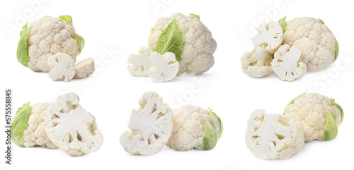 Collage of fresh raw cauliflowers on white background