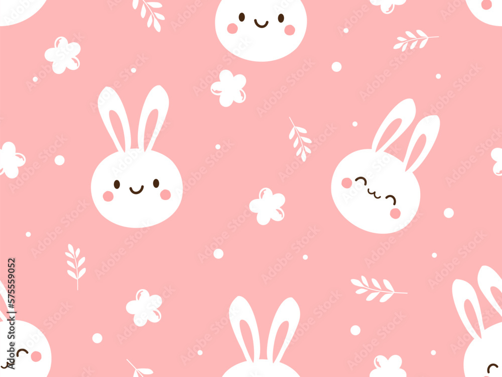 Seamless pattern with bunny rabbit cartoons, branches and cute flower on pink background vector illustration. Cute childish print.