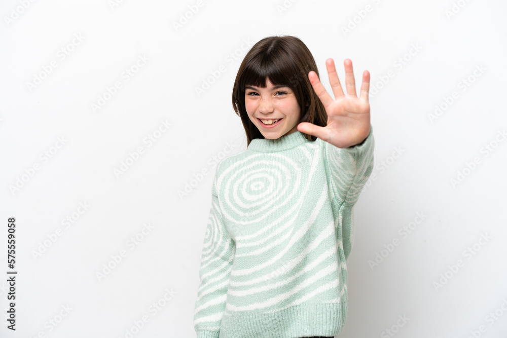 Little caucasian girl isolated on white background counting five with fingers Little caucasian girl isolated on white background counting five with fingers
