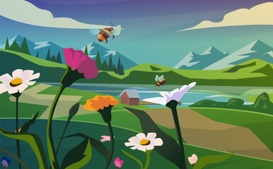 Fotobehang Groen Beautiful mountain landscape in spring. Bees flying over flowers. Illustration  © New Africa