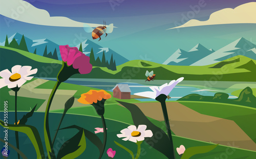 Beautiful mountain landscape in spring. Bees flying over flowers. Illustration