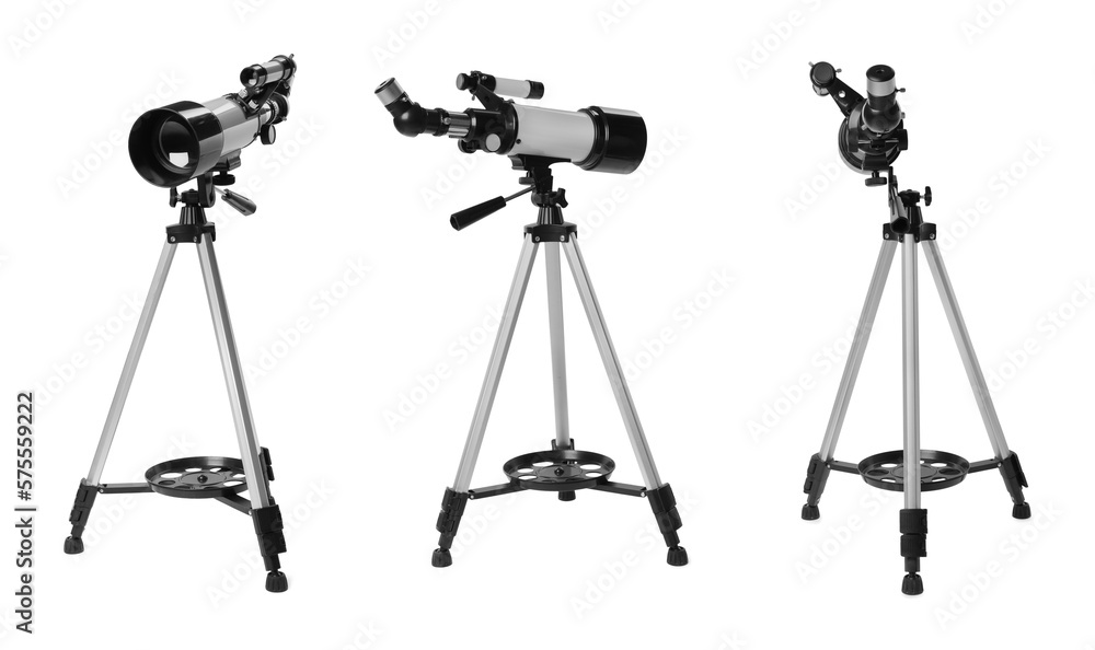 Obraz premium Collage of tripod with modern telescope on white background, views from different sides