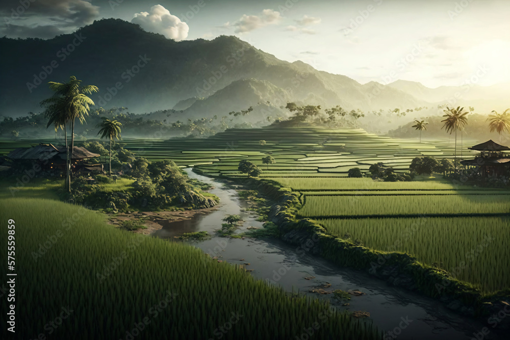 Rice fields  ecosystem. Generative ai 