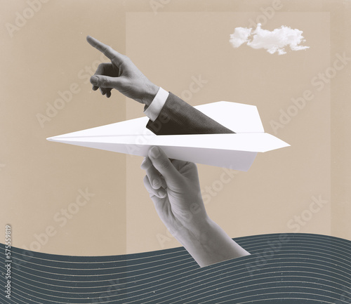 Canvas Print Hand launching a paper plane and business executive pointing
