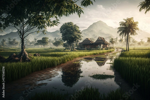 Rice fields  ecosystem. Generative ai 