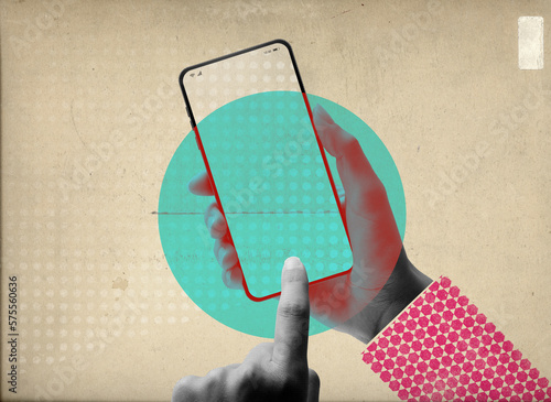 Woman using a mobile app vintage collage