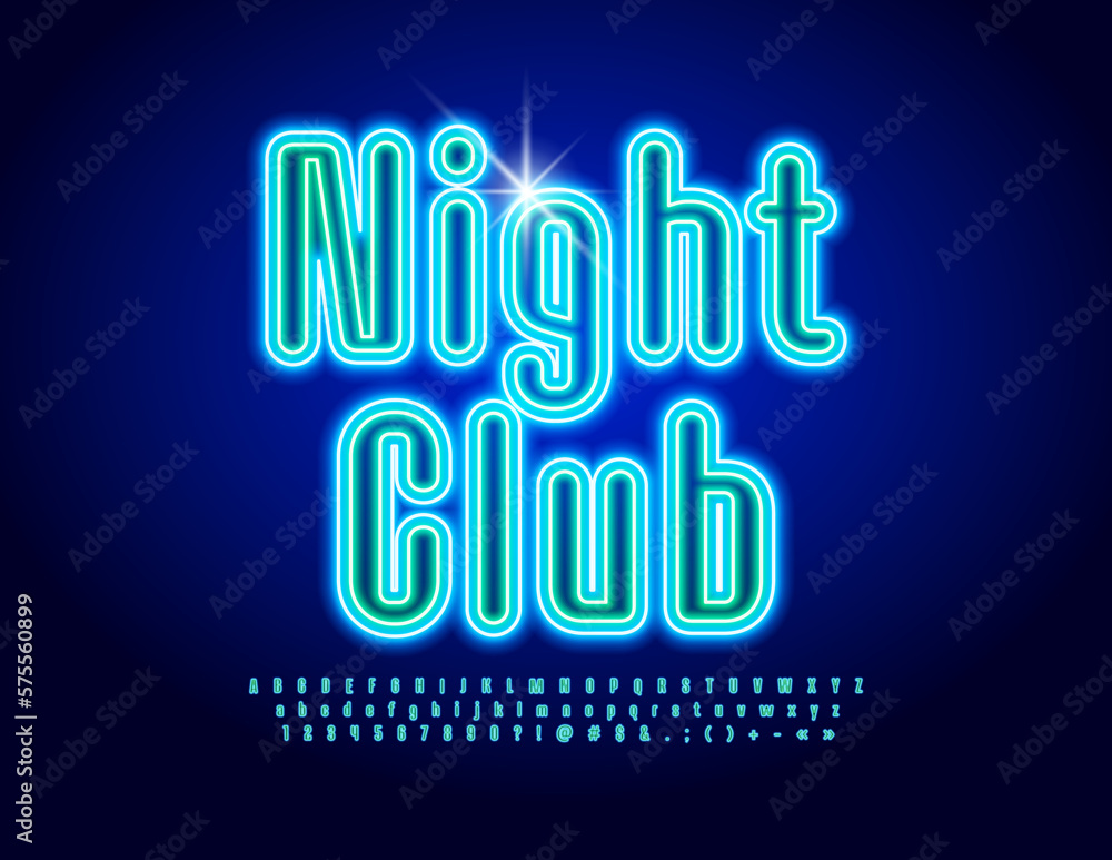 Vector bright Emblem Night Club. Modern Neon Font. Artistic glowing Alphabet Letters and Numbers Vector bright Emblem Night Club. Modern Neon Font. Artistic glowing Alphabet Letters and Numbers