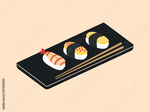Asian food sushi on wooden board with sushi chopsticks