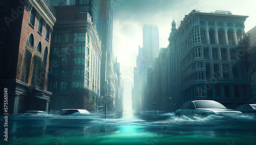 Submerged City: An Underwater Illustration of Urban Flooding. Apocalypse scenery. Generative ai