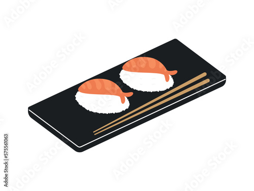 Sushi on wooden board with sushi chopsticks