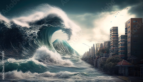 Enormous Mega Tsunami Wave approaching the city. Apocalyptic illustration. End of the world. Generative ai