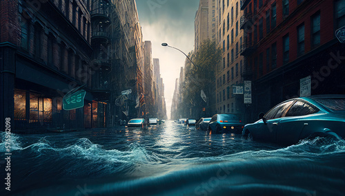 City Flood illustration. Lot of water on the streets with cars. Natural disaster. Tsunami aftermath. Generative AI