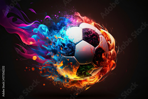 Soccer ball in colorful flame. Conceptual illustration of champion goal, powerful game, exploding sport. Sport ball in rainbow fire.