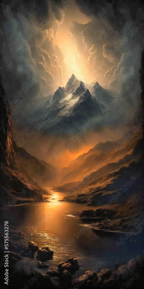 Epic landscape illustration with a mountain surrounded by clouds, under a beautiful lighting. Created with Generative AI technology.