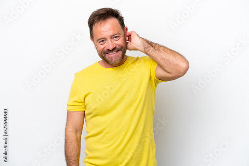 Middle age caucasian man isolated on white background laughing