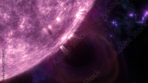 Super massive white star erupting solar flares close-up. 3D illustration concept of giant alien sun. Purple and black hostile dark matter space nebula. Hyperrealistic celestial supernova plasma burst.