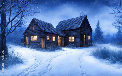 Ein gemütliches Haus in der verschneiten Winterlandschaft