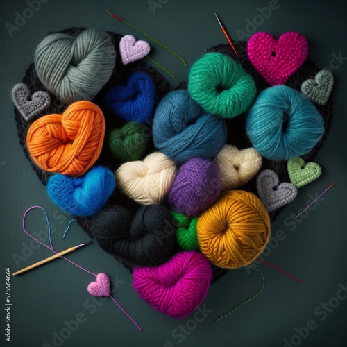 yarn and needles, bunte Strickherzen aus Wolle, generative AI