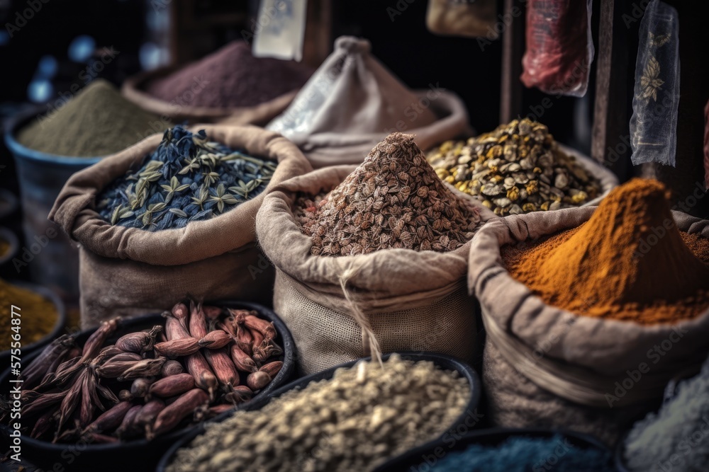 A variety of dried herbs and spices on a market stall