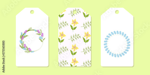 The layout is a template of colored labels for clothes. Floral spring design. Vector illustration.