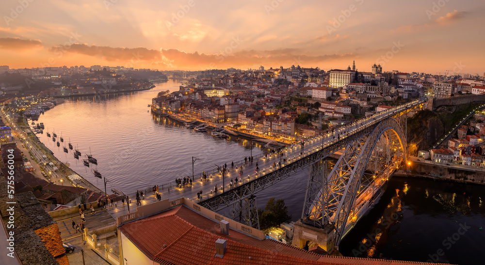 Landscape with Porto and Douro River at sunset, Portugal
