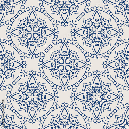 Vintage tile pattern. Seamless blue and white background with flower design