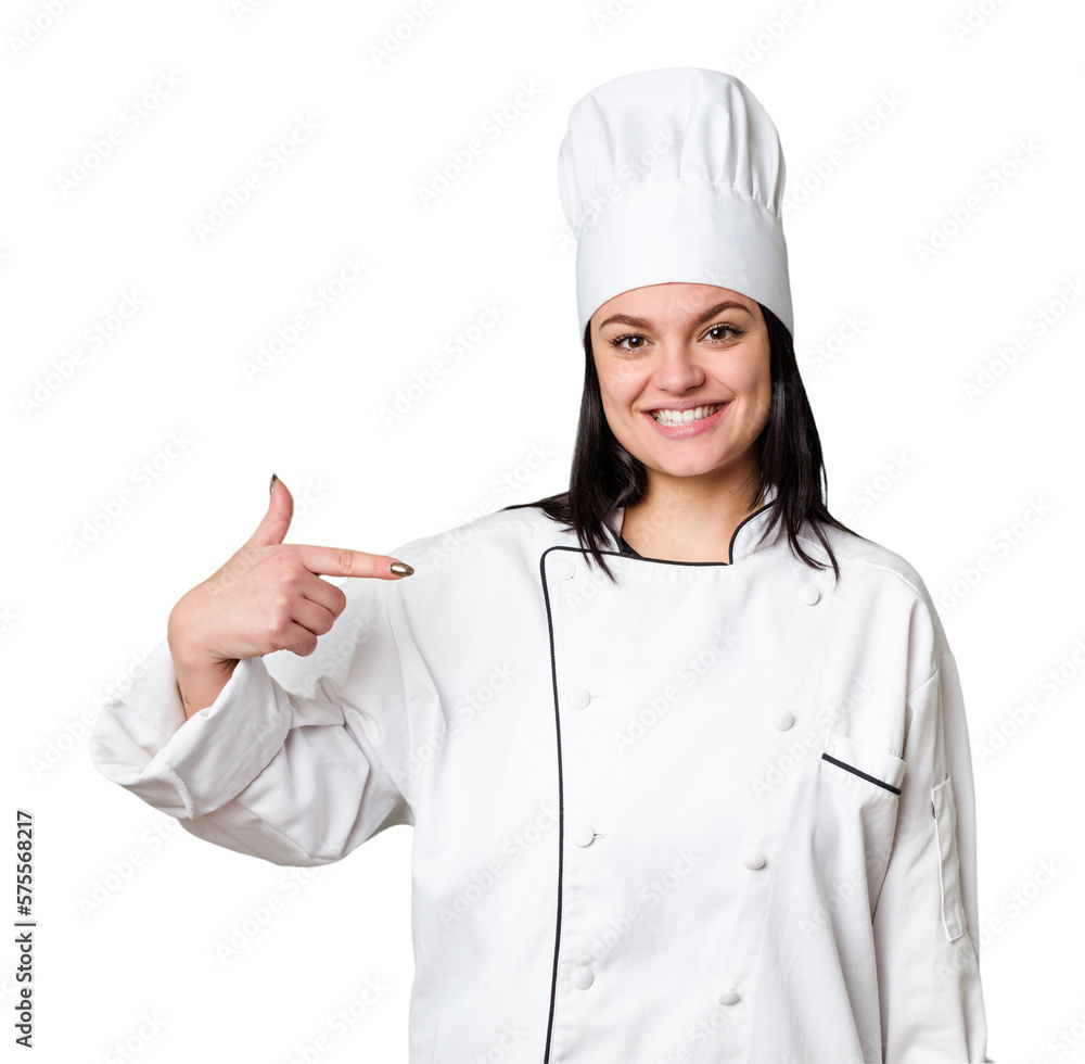Young caucasian cook woman isolated person pointing by hand to a shirt copy space, proud and confident Young caucasian cook woman isolated person pointing by hand to a shirt copy space, proud and confident