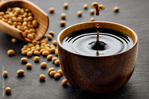 soy sauce drop falling from flying soybeans in wooden bowl and created splash