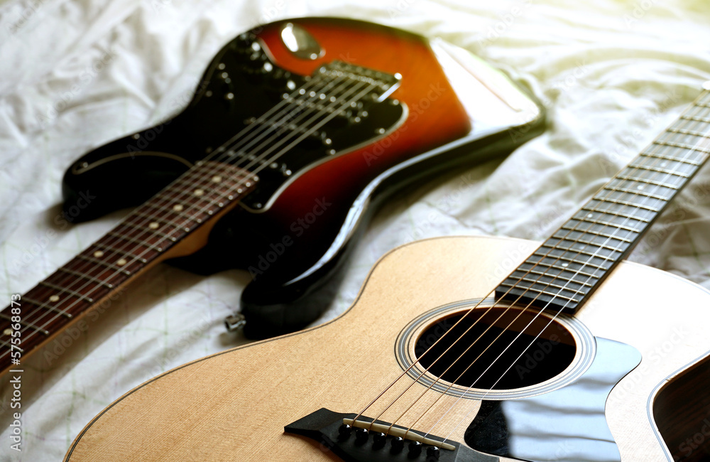 acoustic guitar and electric guitar, Used to play music and notes, for sing a song, macro abstract acoustic guitar and electric guitar, Used to play music and notes, for sing a song, macro abstract
