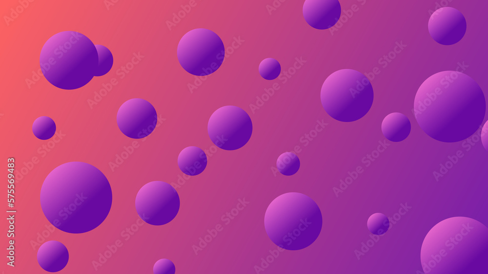 Abstract illustration of flying purple ball on orange and purple background. Beautiful floating shiny purple ball. Purple spherical balls or particles floating around.