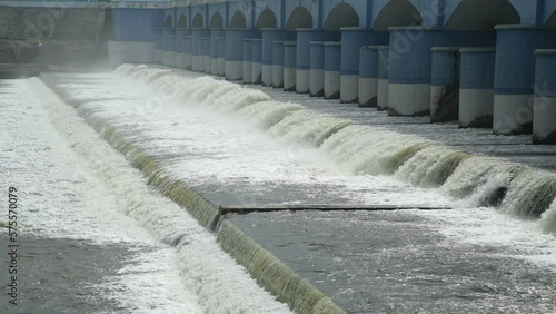 Perfect view of Kallanai Dam 4K. The Kaveri River water flowing on kallanai dam grand anicut. photo