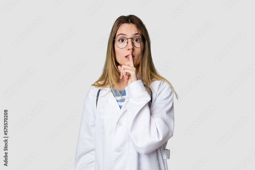 Compassionate female physician with a stethoscope around her neck, ready to diagnose and care for her patients in her signature white coat keeping a secret or asking for silence.