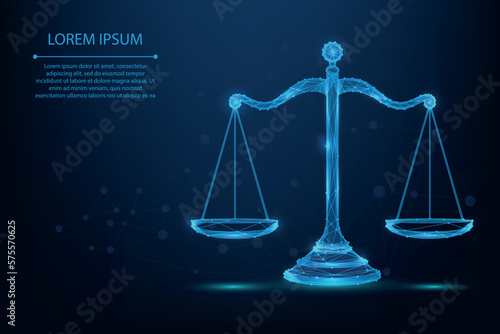 Abstract mesh line and point scales of justice symbols. Low poly wireframe law judgement concept. Polygonal vector futuristic illustration