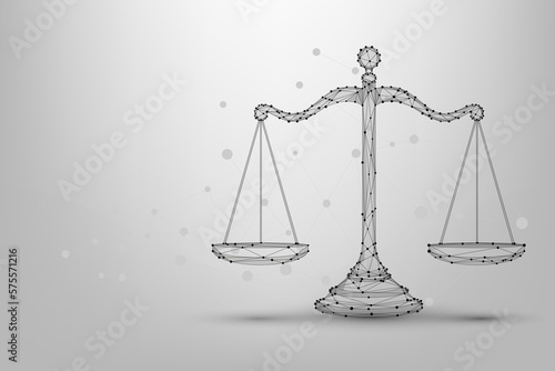 Abstract mesh line and point scales of justice symbols. Low poly wireframe law judgement concept. Polygonal futuristic illustration