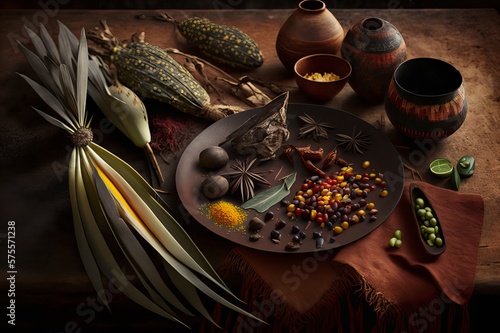 Abstract illustration of Bush tucker, bush food. Native herbs, spices, fruit, seeds, and nuts. AI generated image photo