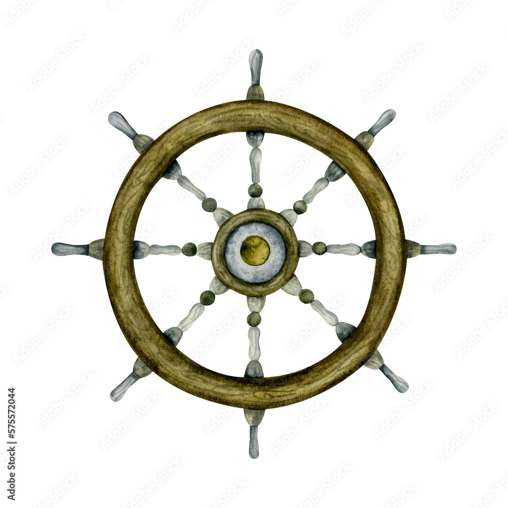 Marine ship steering wheel watercolor illustration. Maritime nautical decorative element isolated on white background